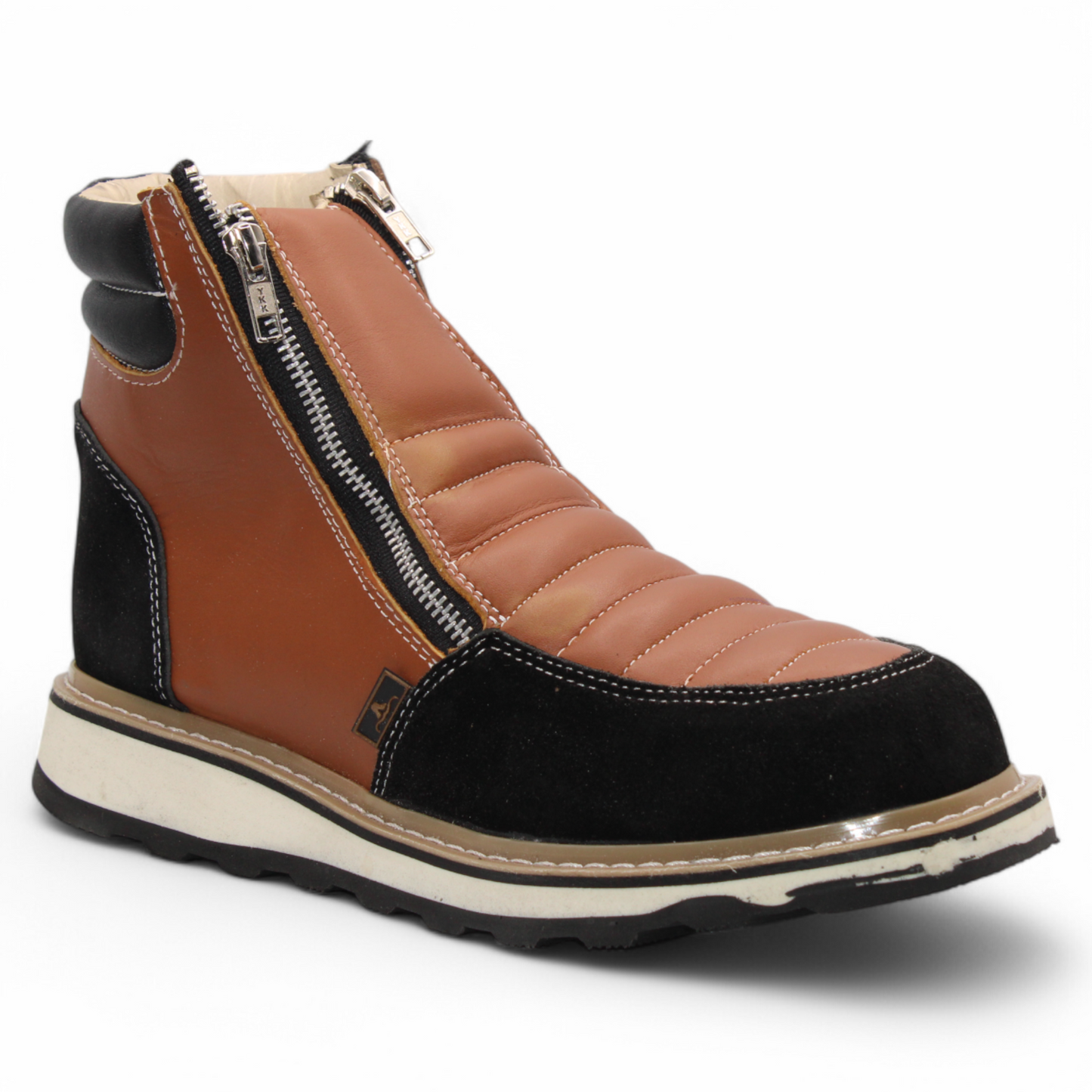 Men’s Double Zipper Leather Work Shoe – Round Toe | Soft Toe | Rubber Sole | Honey-Black