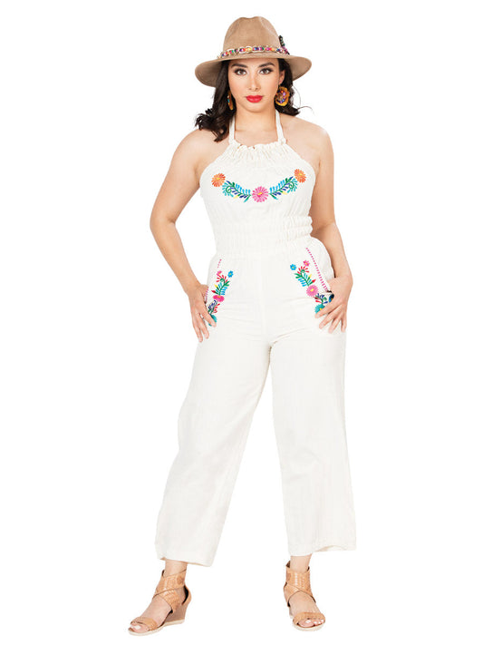 Artisanal Embroidered Jumpsuit 100% Cotton Beige 603184