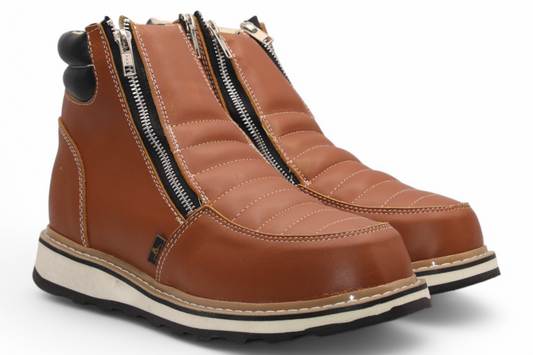 Men’s Double Zipper Leather Work Shoe – Round Toe | Soft Toe | Rubber Sole | Honey