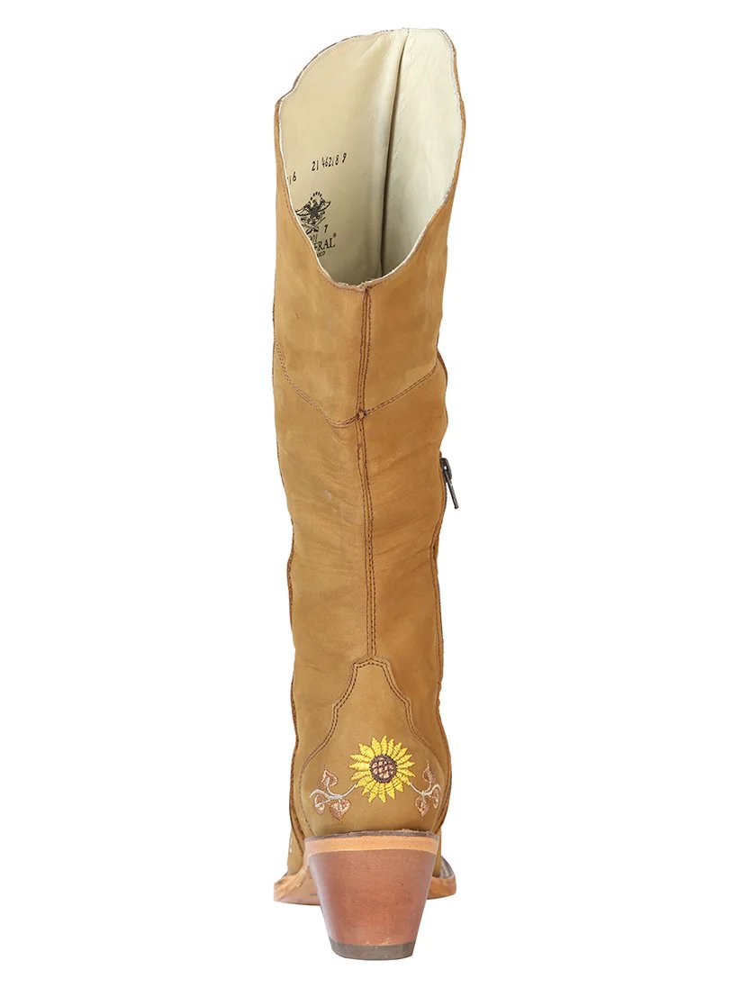 Botas Altas de Gamuza Horma Rodeo Cuadrada para Mujer Color Miel y Girasoles