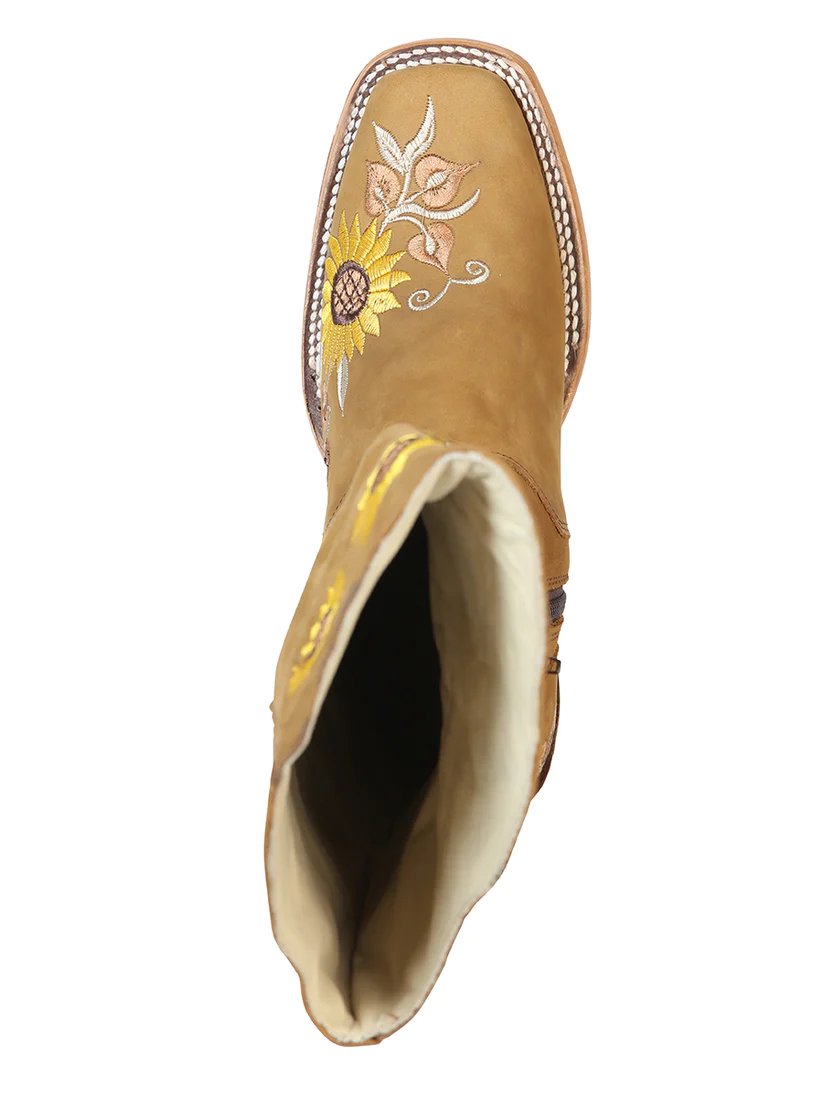 Botas Altas de Gamuza Horma Rodeo Cuadrada para Mujer Color Miel y Girasoles