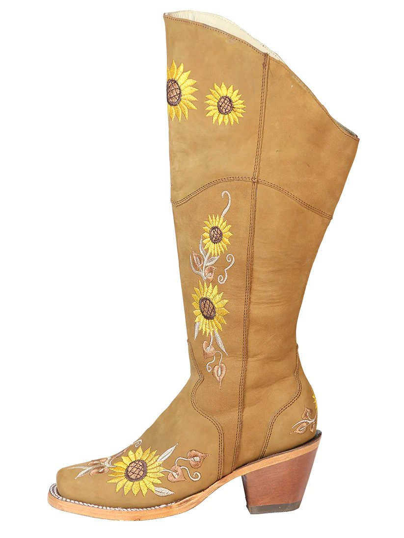 Botas Altas de Gamuza Horma Rodeo Cuadrada para Mujer Color Miel y Girasoles