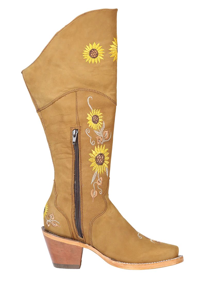 Botas Altas de Gamuza Horma Rodeo Cuadrada para Mujer Color Miel y Girasoles