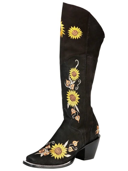 Botas Altas de Gamuza Horma Rodeo Cuadrada para Mujer Color Negro