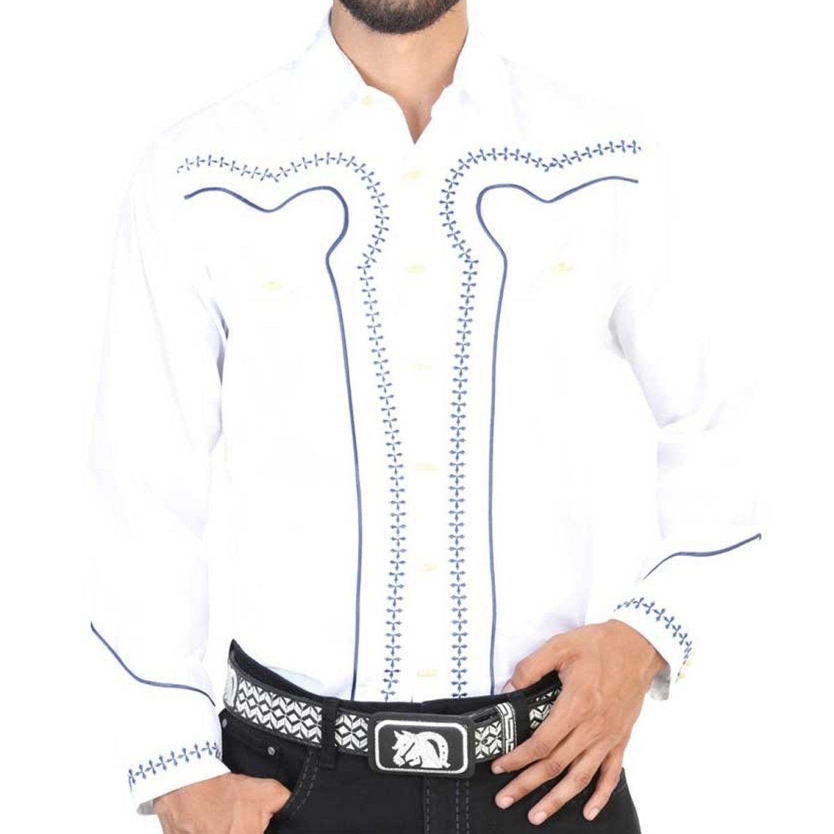 Camisa Charra El Señor de los Cielos Blanca con Bordado Azul (42549)