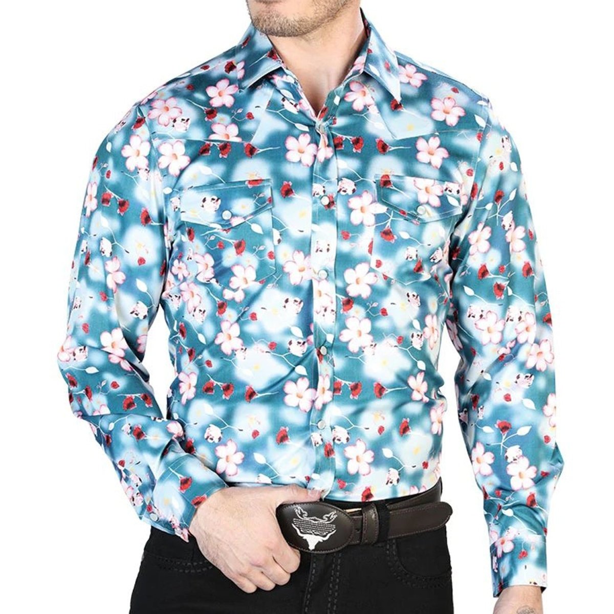 Camisa Vaquera de Moda El Señor de los Cielos Aqua con Flores (43943)