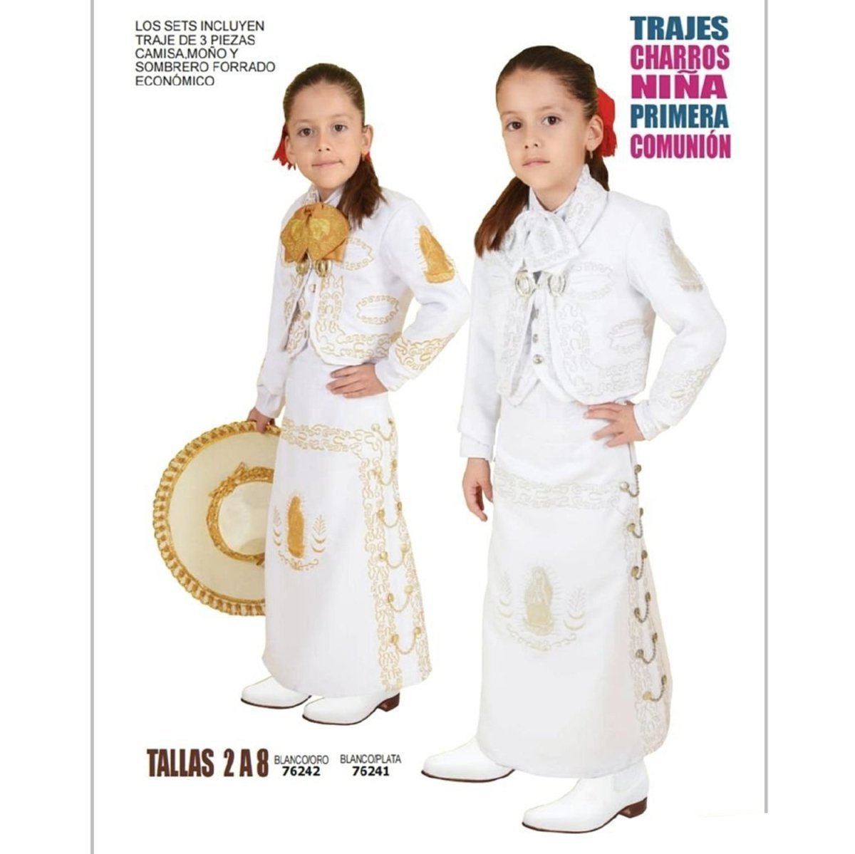 Traje Charro de Gala para Niña de la Virgen (TODO INCLUIDO) Blanco Plata (76241)